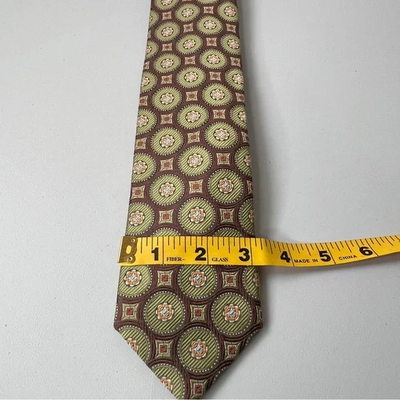 Peter Millar 100% Silk Hand Folded Green Brown Circle Geometric Print Mens Tie - Picture 10 of 11